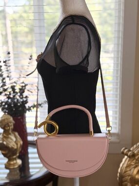 Blush Pink  Moon Shape Leather Crossbody Satchel with Gold Knot Accent